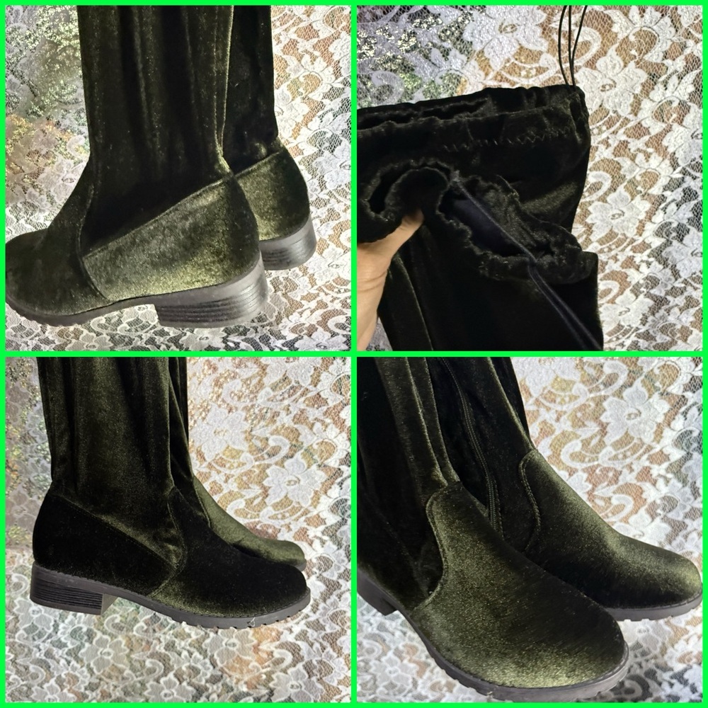 Over the Knee Velvet Boots - Olive sz 7 like new elastic at thigh flat heel